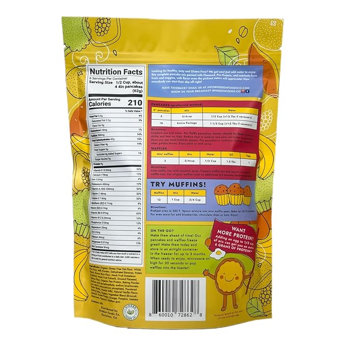 Hidden Foods Homestyle Gluten Free Protein Pancake Mix Oats, Fruit & Veggie Blend No Sugar Added Contains Milk Monk Fruit Sweetener Protein & Fiber Breakfast Meal Just Add Water - 12 oz - 6 Pack