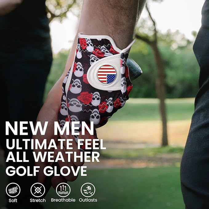 FINGER TEN Golf Gloves Men Left Hand Right with Ball Marker USA Flag Blue Camo Plaid Pack, Mens Leather Golf Glove All Weather Grip Small Medium ML Large XL