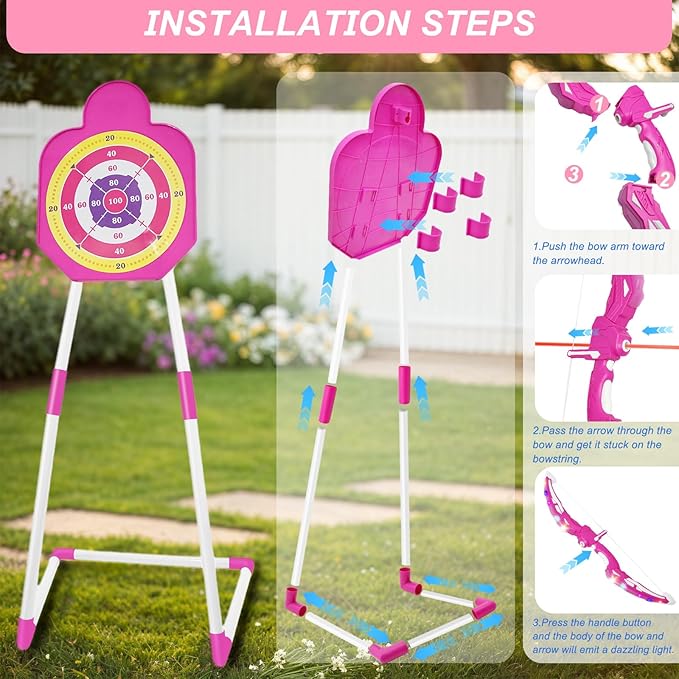 2 Pack Bow and Arrow Toy for Kids 3-8-12, LED Light Up Archery Set with Shooting Game Toy & Standing Target for Boys and Girls Age 5 6 7 8 9 10 11+, Indoor Outdoor Activity Toys for Birthday