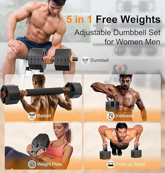 Adjustable Dumbbells Set for Women Men 20LBS/30LBS/40LBS/60LBS Weight Set with Connector, 5 in 1 Free Weights Dumbbells Set for Barbell Kettlebells Weightlift Push Up Fitness Exercises for Home Gym