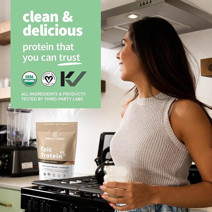 Sprout Living, Epic Protein, Plant Based Protein & Superfoods Powder, Complete Coffee | 20 Grams Organic Protein Powder, Adaptogens, Mushrooms, Vegan, Non-GMO, Gluten Free (1 Pound, 12 Servings)
