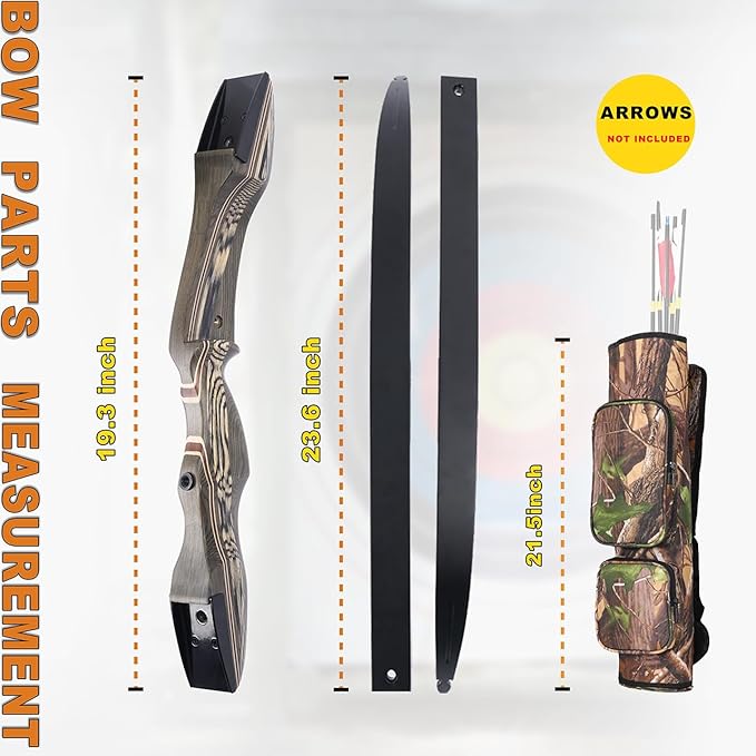 JEKOSEN Recurved Wooden Takedown Archery Bow 62" Hunting Bow - Arrows Quiver Bag and Bow Stringer Tool Included - Right & Left-Handed 25-55 LBS Draw Weight