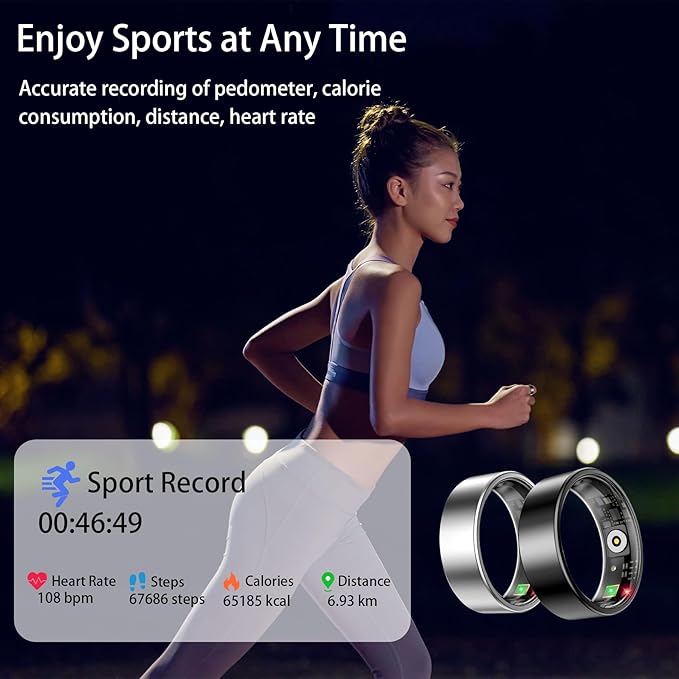 Smart Ring for Women Men, Sleep Tracker Ring, Waterproof Fitness Tracker Health Rings with Heart Rate Monitoring, Blood Oxygen, Stress Distance Calories Steps Tracking, No Subscription Fee(Black, #8)