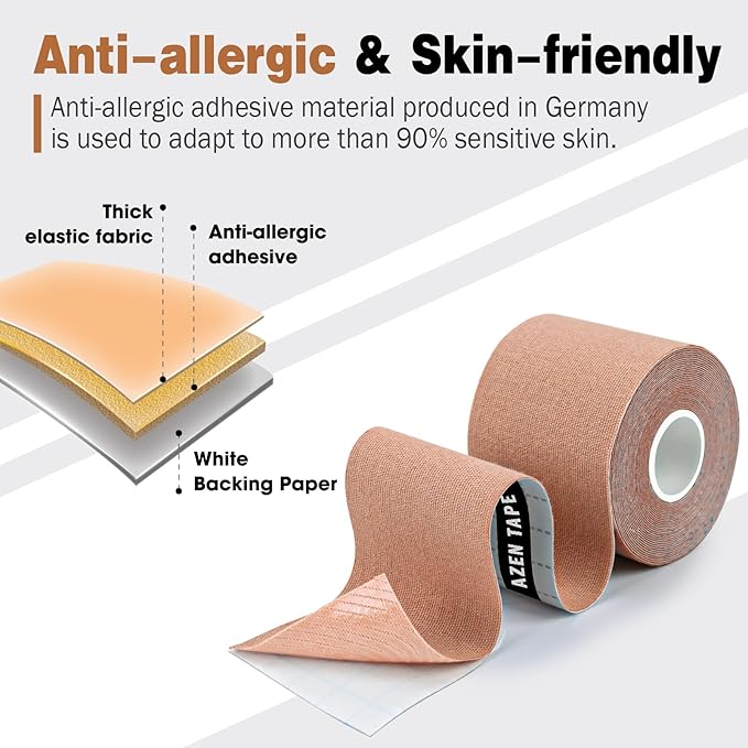 AZEN 3 Rolls Kinesiology Tape, 16.4 ft Waterproof Kinetic Tape for Joints Support and Muscle Pain Relief, Knee Tape, Athletic Tape, Uncut Muscle Tape - Skin