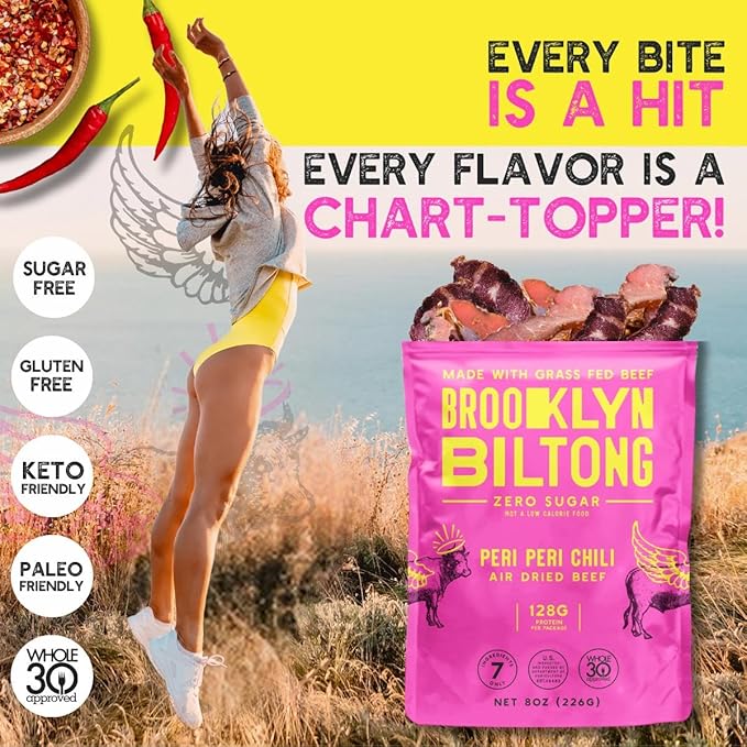 Brooklyn Biltong Air Dried Grass Fed Beef Snack, South African Beef Jerky (8 oz, Pack of 2) - Whole30 Approved, Paleo, Keto, Gluten Free, Sugar Free, Made in USA - (Peri Peri)