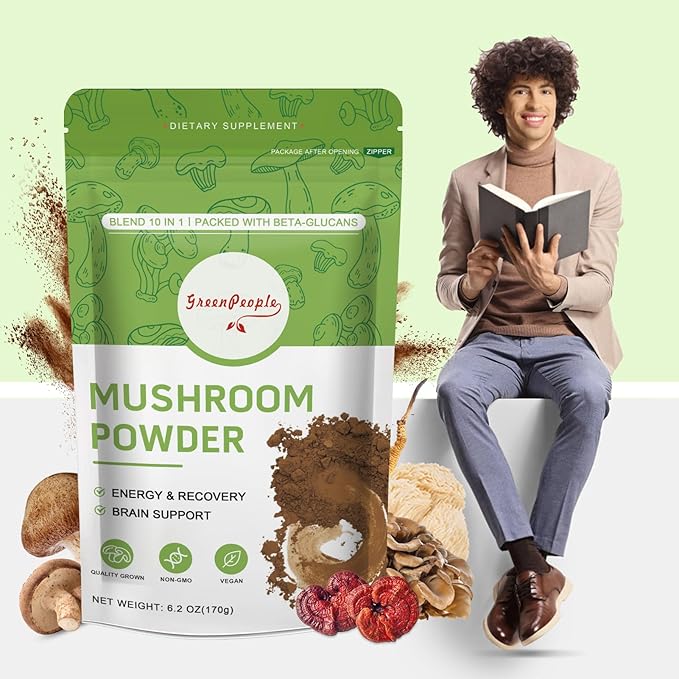 Mushroom Powder Mushroom Supplement - 10-in-1 Mushrooms Lions Mane Powder with Reishi/Cordyceps/Chaga/Turkey Tail/Maitake/Complex for Cognitive Function & Immune Support 60 Servings