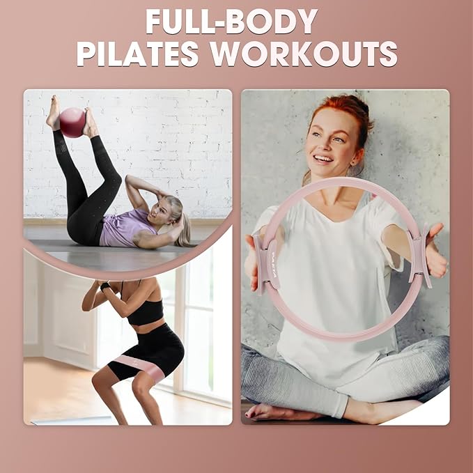 PAETA Pilates Ring Set – 14” Magic Circle (38 lbs Resistance), 9.8” Pilates Ball, 5 Resistance Bands, and Exercise Guide Included for Home Workouts