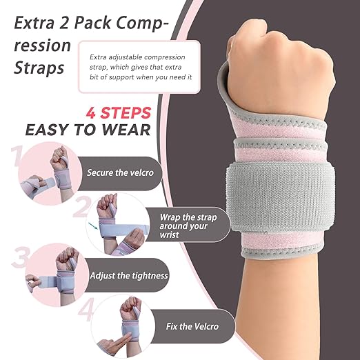 Wrist Brace for Carpal Tunnel 2 Pairs Right Left Hand, Wrist Support Wraps for Women Men, Adjustable Wrist Compression Brace for Tendonitis, Arthritis, Weightlifting, Sports, Day Night Support, Pink