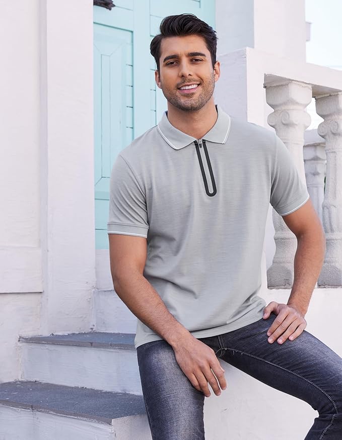 Merino Wool Polo Shirts for Men for Work Sport, Lightweight Breathable Moisture Wicking Mens Polo Shirt Short Sleeve