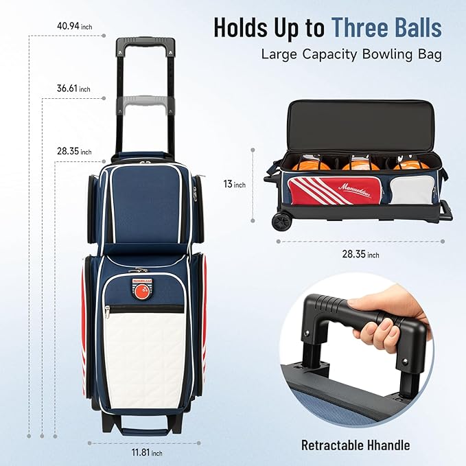 MANUEKLEAR 3 Ball Bowling Bags with Wheels, Bowling Ball Bag 3 Ball Roller with Accessory Pockets and Shoe Compartment