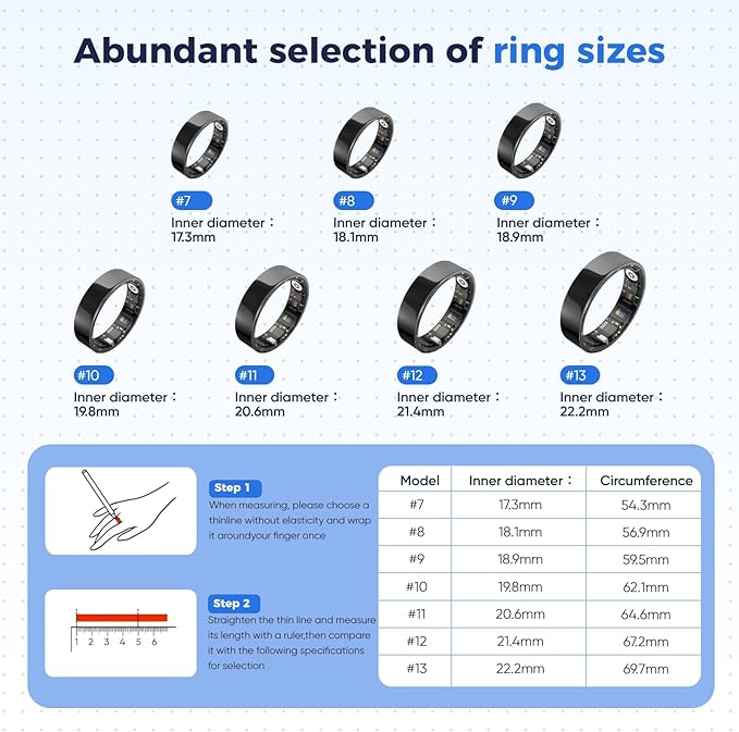 Smart Ring with Sleep Apnea Monitoring, No APP Subscription, 10-Day Battery Life, Stress/Heart Rate/Women's Health Tracker, Android & iOS Compatible (Silver, 7)