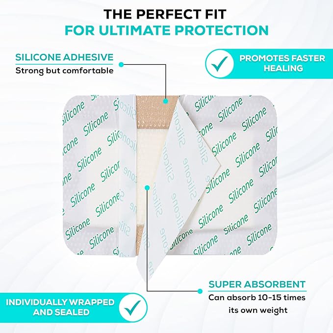 MedVance Silicone Foam Dressing - Waterproof Silicone Pad - Easy Apply & Removable Sterile Bandages - Wound Care & Dressings for Burns & More (6"x8" Bandage, 4.4"x6.4" Wound Pad) (Box of 5)