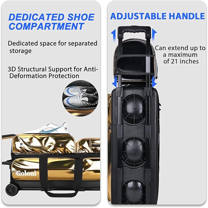4 Ball Bowling Bags with Wheels,3 Ball Bowling Bag + 1 Ball Tote,Separate Shoe Compartment for Shoes (Up To US Men Size 16)