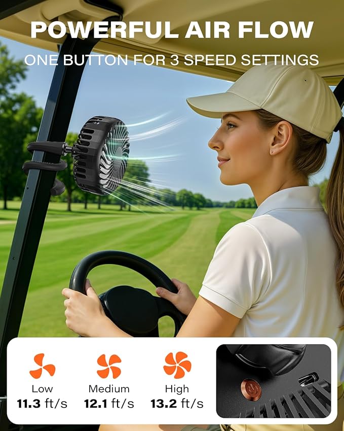 A2C Golf Cart Fan Rechargeable – 3-Speed, 360° Adjustable Gooseneck | 4000mAh Battery | Compatible with Golf Carts & Push/Pull Carts