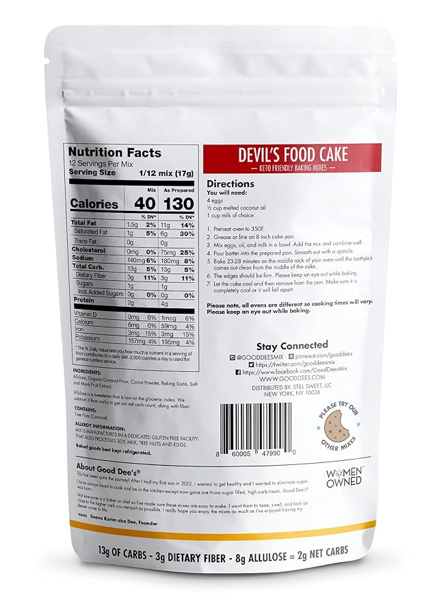 Good Dees Low Carb Baking Mix, Devil's Food Cake Baking Mix, Keto Baking Mix, No Sugar Added, Gluten Free, Grain-Free, Soy-Free, Diabetic, Atkins & WW Friendly (2g Net Carbs, 12 Serving) (Devils-Food)