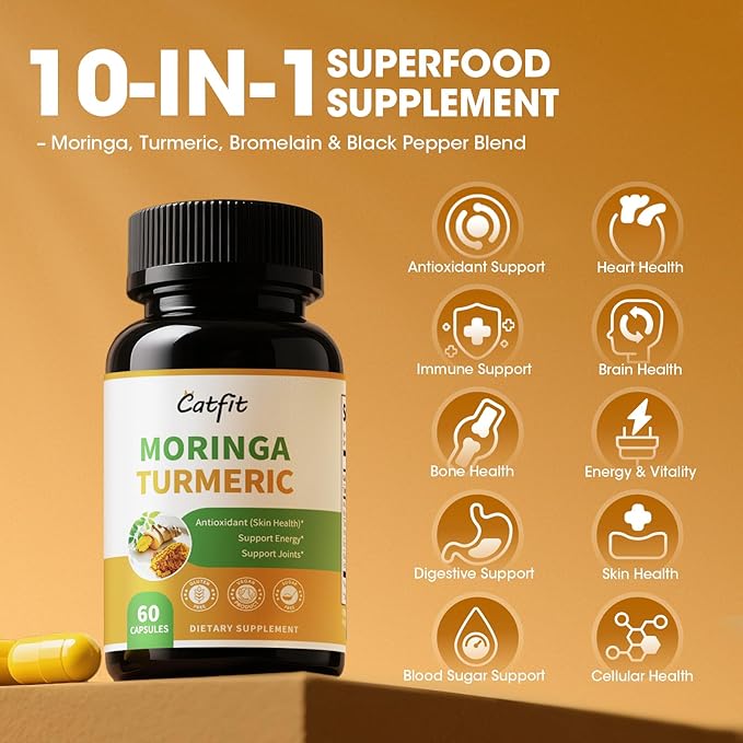 Moringa Capsules 10-in-1 Superfood Supplement – Turmeric Curcumin, Bromelain & Black Pepper – Supports Mobility & Recovery, Energy, Digestion, Immunity & Skin Vitality – Vegan, Non-GMO, Gluten-Free