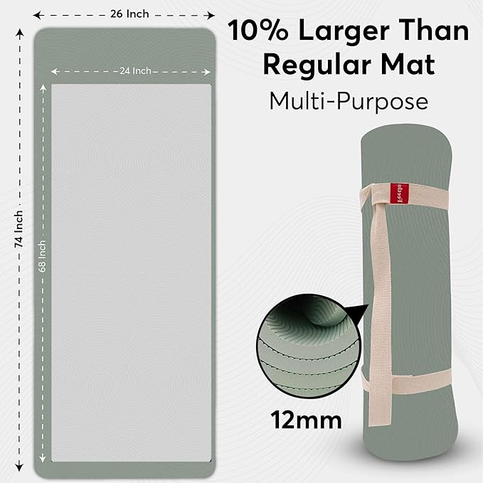 Extra Thick 12mm Exercise Mat – Non-Slip, Joint-Friendly & Cushioned Fitness Mat for Yoga, Pilates & Floor Workouts – Durable, Supportive & Includes Feetlu Classic Strap