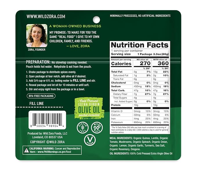 Wild Zora Instant Organic Quinoa Meals - Quick & Tasty Prepared Quinoa Bowls, Pantry Staples Gluten-Free Meal with Lentils Plus 10g Olive Oil Packet - Vegan Variety Sampler (4-Pack)