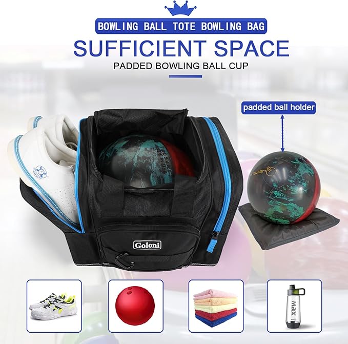 Goloni Bowling Ball Bag for Singer Ball with Padded Ball Holder, 2 Pockets fit Bowling Shoes Up to Mens Size 14 and Accessories