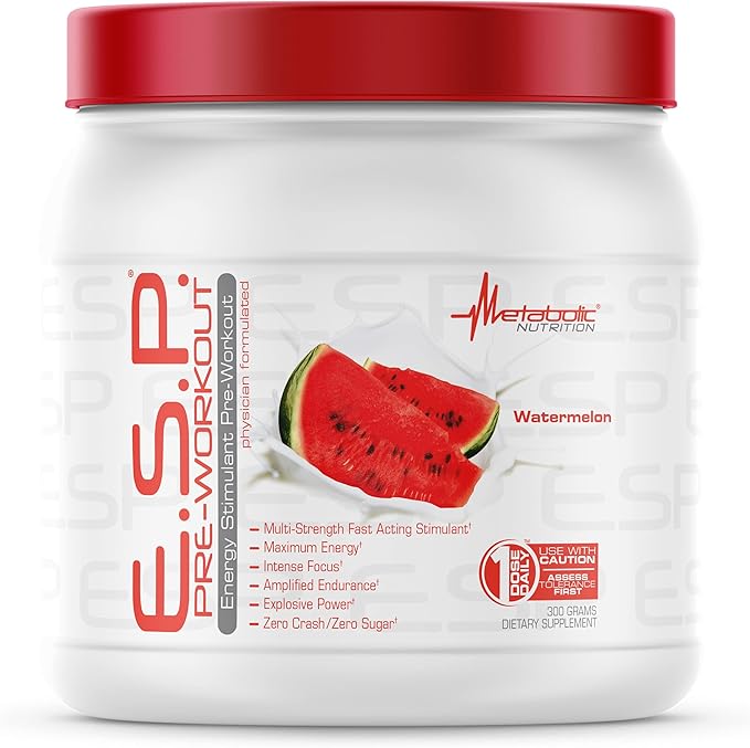 Metabolic Nutrition - ESP - Stimulating Pre Workout, Pre Intra Workout Supplement, Energy & Endurance Stimulating, Natural, Safe & Mental Focus, Watermelon 300 Grams (90 Servings)