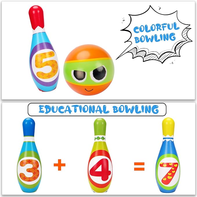 Kids Bowling Set Indoor Bowling for Toddler 1-3 3-5 Soft 10 Indoor Colorful Foam Pins 2 Bowling Ball Printed Number Developmental Sensory Toy Age 2-4 Toddler Bowling Birthday Gift Present Gift