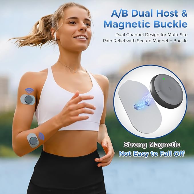 KingPavonini Wireless TENS Unit, Muscle Stimulator for Pain Relief, Portable Rechargable TENS EMS Machine, LED Screen, Remote, Dual Channel 6 Modes 16 Intensity Massager, Charging Case (4 Pads)