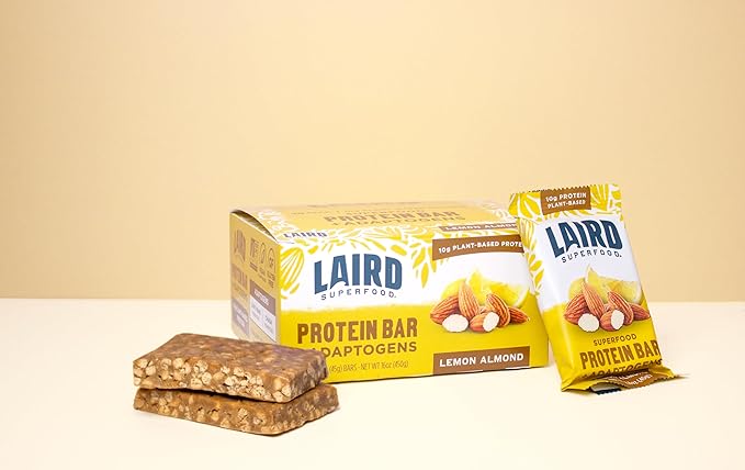 Laird Superfood Functional Protein Bars – Protein Bar but Better with Real Ingredients, Functional Mushrooms 10g Plant-Based Protein, 6g Fiber - Non-GMO - Lemon Almond, 10 Count (Pack of 1)