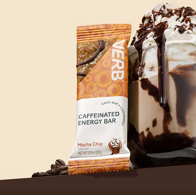 Verb Caffeinated Energy Bars Mocha Chip (26g, Pack of 16) 110-Calorie Delicious Low Sugar Energy Bar - Vegan Gluten Free On-the Go Snack with 80mg Green Tea Caffeine, Only Real-Food Ingredients