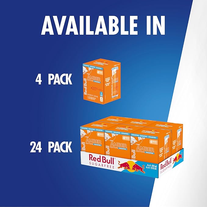 Red Bull Amber Edition Sugar Free Energy Drink, Strawberry Apricot, with 114mg Caffeine plus Taurine & B Vitamins, 12 Fl Oz, Pack of 4 Cans