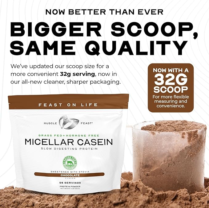 Muscle Feast Grass Fed Micellar Casein Protein Powder, Pasture Raised & Hormone Free, Slow Digesting Casein Protein - Supports Overnight Muscle Recovery, Gluten Free Protein Powder - Unflavored, 2lb