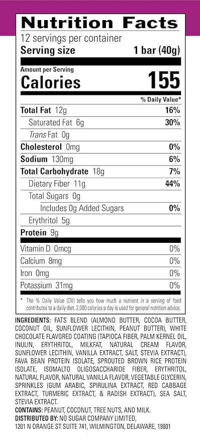 No Sugar Keto Bar Snack - Low Carb No Sugar Keto Snack Food with Keto Friendly Macros (12 x 1.41oz Bars, Birthday Cake)