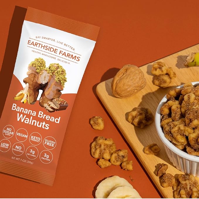 Earthside Farms Banana Bread Walnuts 1oz, 8 Pack – Vegan, Gluten-Free, Low Carb, Keto Friendly Snack – Sweet & Crunchy Candied Walnuts with Real Banana Flavor – Perfect for On-the-Go, Work, School