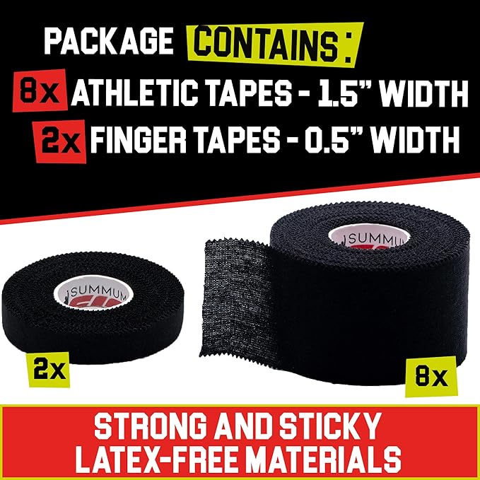 Black Athletic Tape Extremely Strong: 8 Rolls + 2 Finger Roll. Easy to Apply & No Residue. Sports Tape Athletic for Boxing Football Climbing or Gymnastics for Wrist Ankle & Hand Protection