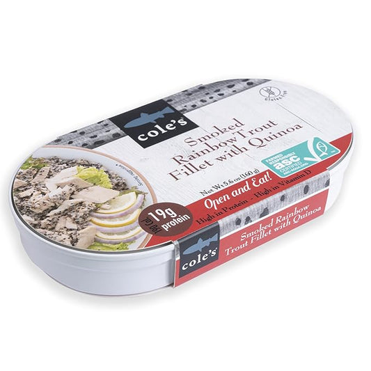 COLE’S - Smoked Rainbow Trout Fillet with Quinoa | Open & Ready to Eat Meal | 5.6 oz Canned & Hand-Packed | 19g Protein | High in Vitamin D | 1 unit