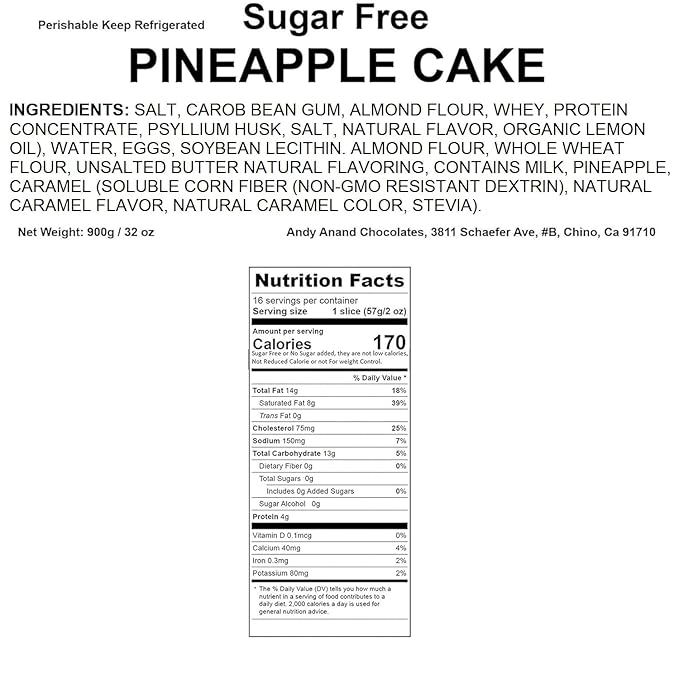 Andy Anand Sugar-Free Pineapple Cake 9" Gift Box, Diabetic-Friendly, All-Natural Ingredients, No Preservatives, Freshly Baked Luxuriously Creamy - 2 lbs