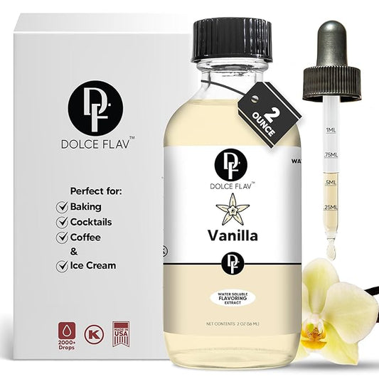 Dolce Flav Vanilla Extract – 2 Ounce Water-Soluble Kosher, Sugar-Free, Concentrated Vanilla Flavoring for Baking, Cookies & Desserts, Includes Measured Dropper