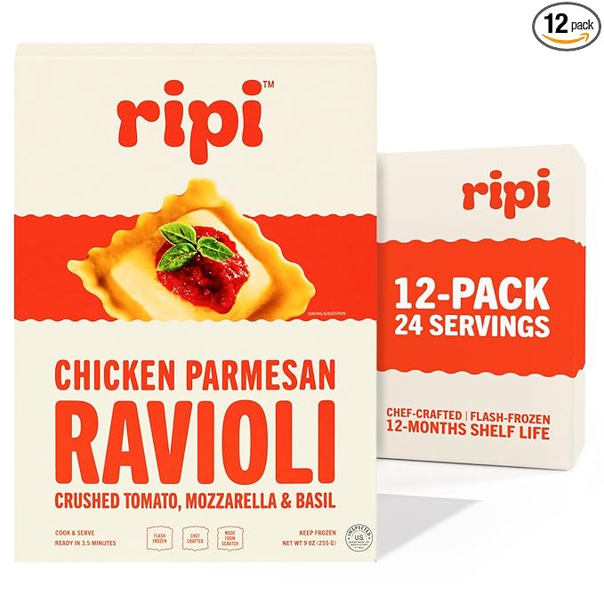 Ripi Chicken Parmesan Ravioli - Crushed Tomatoes, Mozzarella & Basil - Frozen Pasta Meal - Ready in Under 5 Minutes, 9oz packs (12 Pack, Chicken Parmesan)