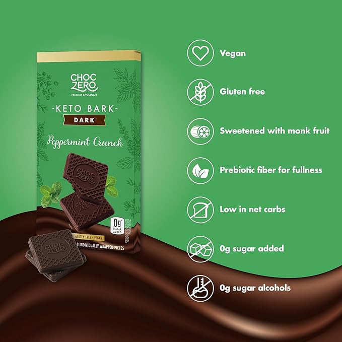 ChocZero Peppermint Crunch Keto Bark, Dark Chocolate Candy Bar, Sugar Free, Vegan, Gluten Free, 3.2 Ounce (Pack of 4)