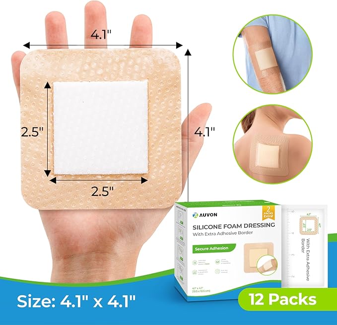 AUVON Silicone Foam Dressing with Large Adhesive Border, 4" x 4" 12 Packs Wound Dressing Bandage with High Absorbency, Waterproof Silicone Foam Pads for Wound Care, FSA/HSA Eligible