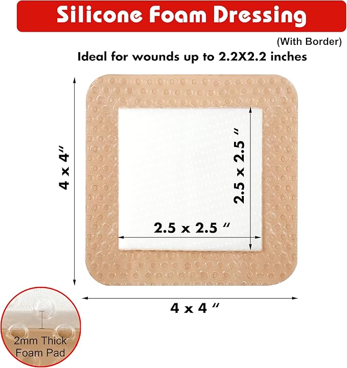 Silicone Foam Dressing with Adhesive Border – Wound Dressing Bandage – Silicone Foam Pad – Pack of 20 – 4 x 4 Inches Large Waterproof Bandages – Self Adhesive Wound Care and Dressings