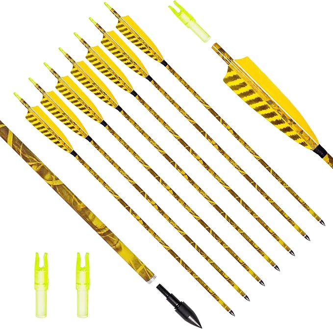 31Inch Carbon Arrow, Practice Hunting Arrows, Camo Turkey Feather Fletching, Arrows for Compound & Recurve Bow with Removable Tips Adjustable Nocks