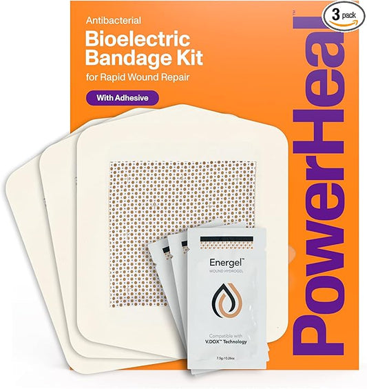 Bioelectric Bandage Kit for Wound Care & Fast Healing – 3-Layers w/Bioelectric Pad, Absorbent Pad, Adhesive + Wound Hydrogel – for Cuts, Abrasions, Blisters, Burns – 3-Pack, 6” x 6”