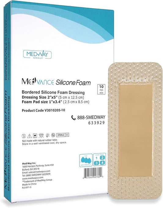 MedVanceTM Silicone - Bordered Silicone Adhesive Foam Dressing, 2"x5" (1.2"x3.4" pad) Box of 10 dressings