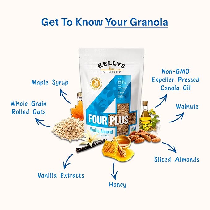 Kelly's Four Plus (Vanilla Almond) Granola Cereal with Whole Grain Oats, Honey, Maple Syrup - Non-GMO, Low Sugar, Sodium Free and Gluten Free Granola for Yogurt - 12oz