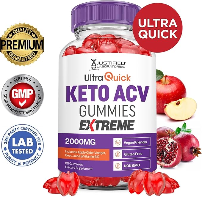 Justified Laboratories Ultra Quick Keto ACV Gummies Extreme 2000MG Ultraquick Keto Gummies Apple Cider Vinegar Formulated with Pomegranate Beet Juice Powder B12 Vegan Non GMO 60 Gummys