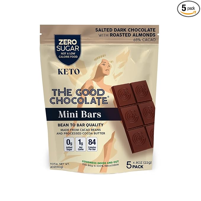 The Good Chocolate - Salted Almonds Keto Chocolate Mini Bars, Zero Sugar, Lower Net Carb Snack, Lower Calorie, Vegan Chocolate Candy, 1 Snack Pack