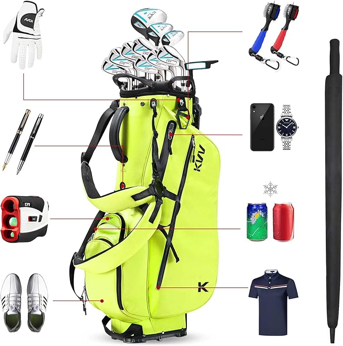KVV Lightweight Golf Stand Bag with 7 Way Full-Length Dividers, 5 Zippered Pockets, Automatically Adjustable Dual Straps，Elegant Design