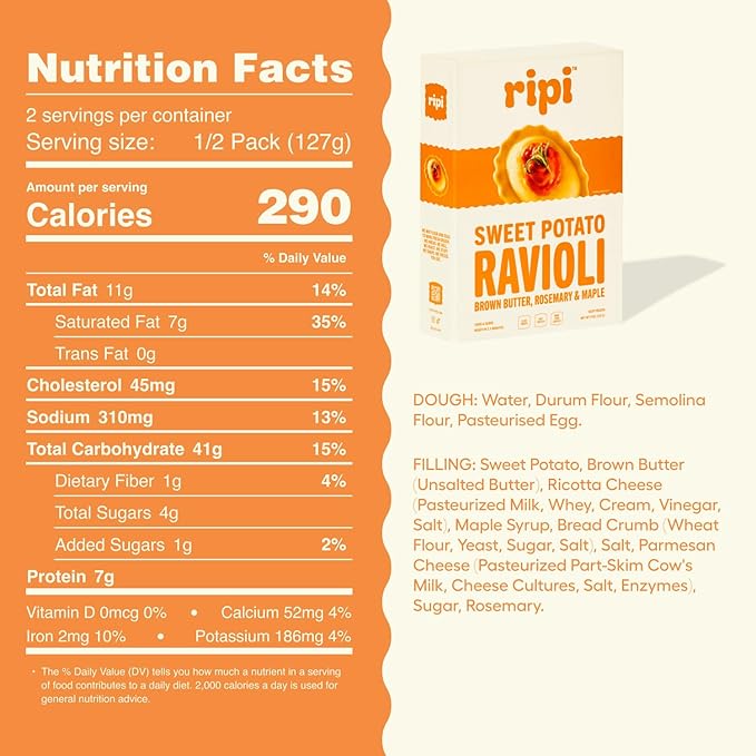 Ripi Sweet Potato Ravioli - Brown Butter, Rosemary & Maple - Frozen Pasta Meal - Ready in Under 5 Minutes, 9oz packs (12 Pack, Sweet Potato)