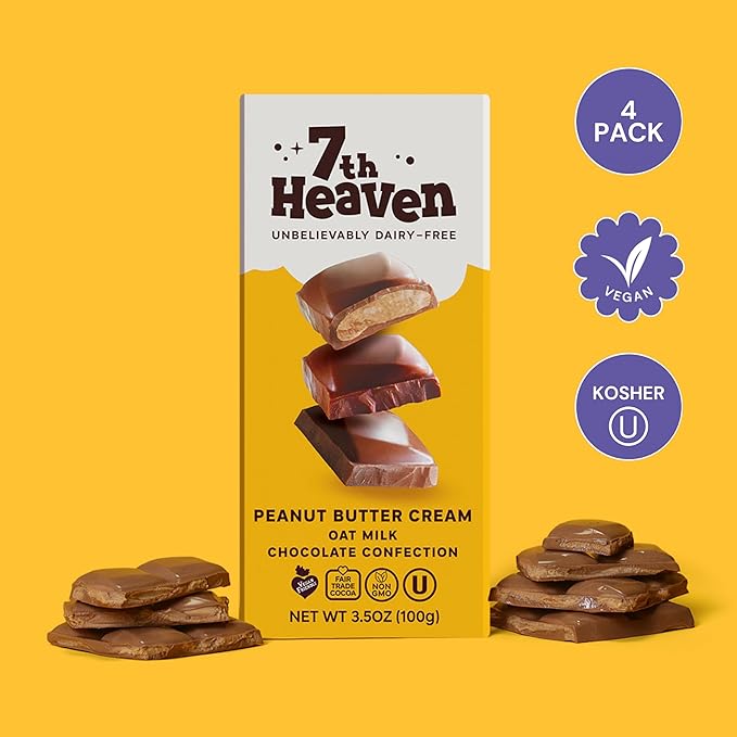 7th Heaven, Vegan Peanut Butter Cream Oat Milk Chocolate Bar (3.5oz Full Size Candy Bars - 4 Packs) - Perfect for Easter Candy, Plant Based Dairy Free Chocolate with Peanut Butter Filling, Fair Trade Cocoa & Coconut Oil, Kosher Parve