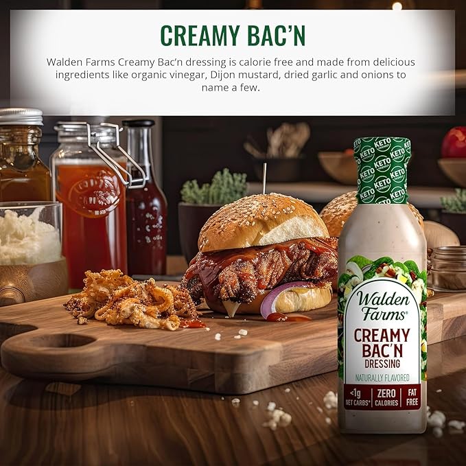 Walden Farms Creamy Bac’n Dressing – Low Carb, Calorie-Free, Gluten-Free, Keto-Friendly, Sugar-Free, Fat-Free, Dairy-Free Smoky Bacon Flavor – 12 oz Bottle